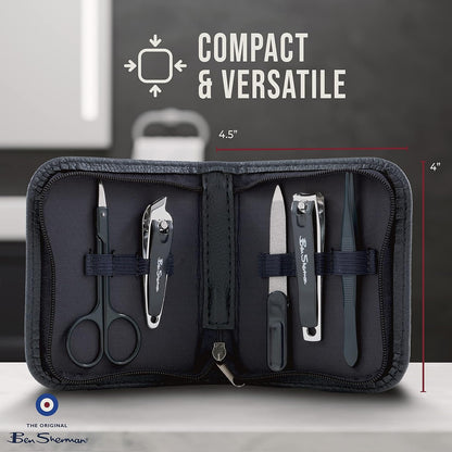 Ben Sherman Nail Clippers for Men Travel Size Nail Clipper Set, 5 Pcs Mens Nail Grooming Kit includes Nail Clippers, Scissors, Tweezers and Leather Traveling Case