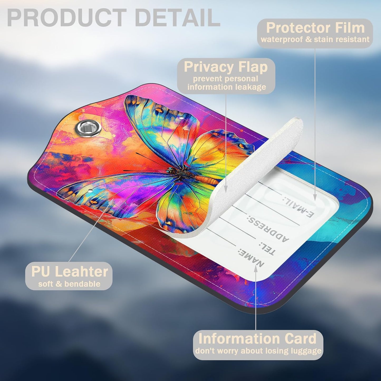 2 Pack Luggage Tags for Suitcases Colorful Butterfly Leather Luggage Tags Privacy Cover ID Label with Stainless Steel Loop and Address Card for Women Men Travel Bag Backpack