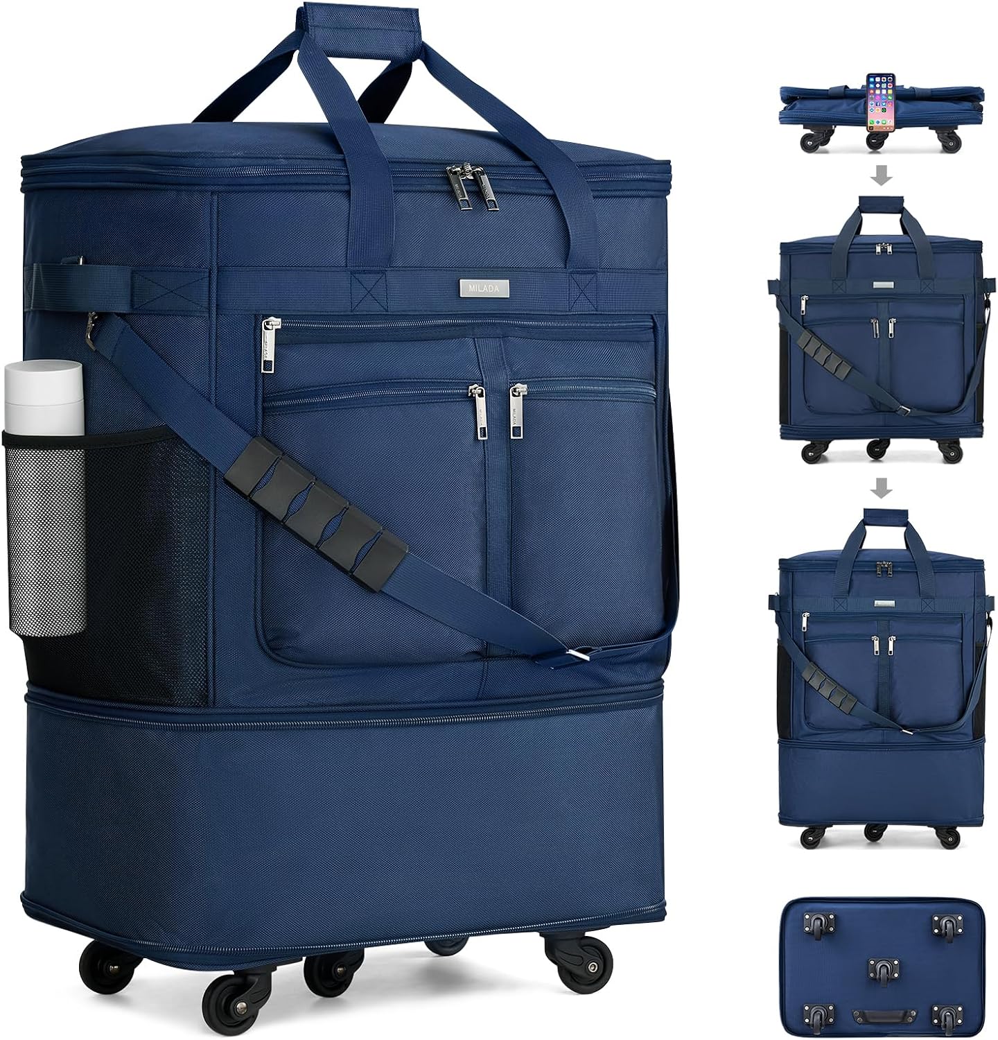 MILADA Expandable Luggage Bags for Travel Foldable Suitcase with Wheels Collapsible Rolling Travel Duffle Bag Lightweight Large Suitcases without Telescoping Handle, Blue
