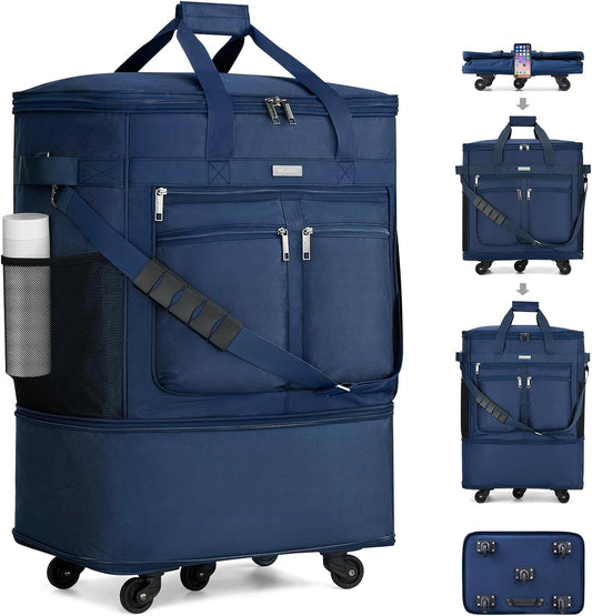 MILADA Expandable Luggage Bags for Travel Foldable Suitcase with Wheels Collapsible Rolling Travel Duffle Bag Lightweight Large Suitcases without Telescoping Handle, Blue
