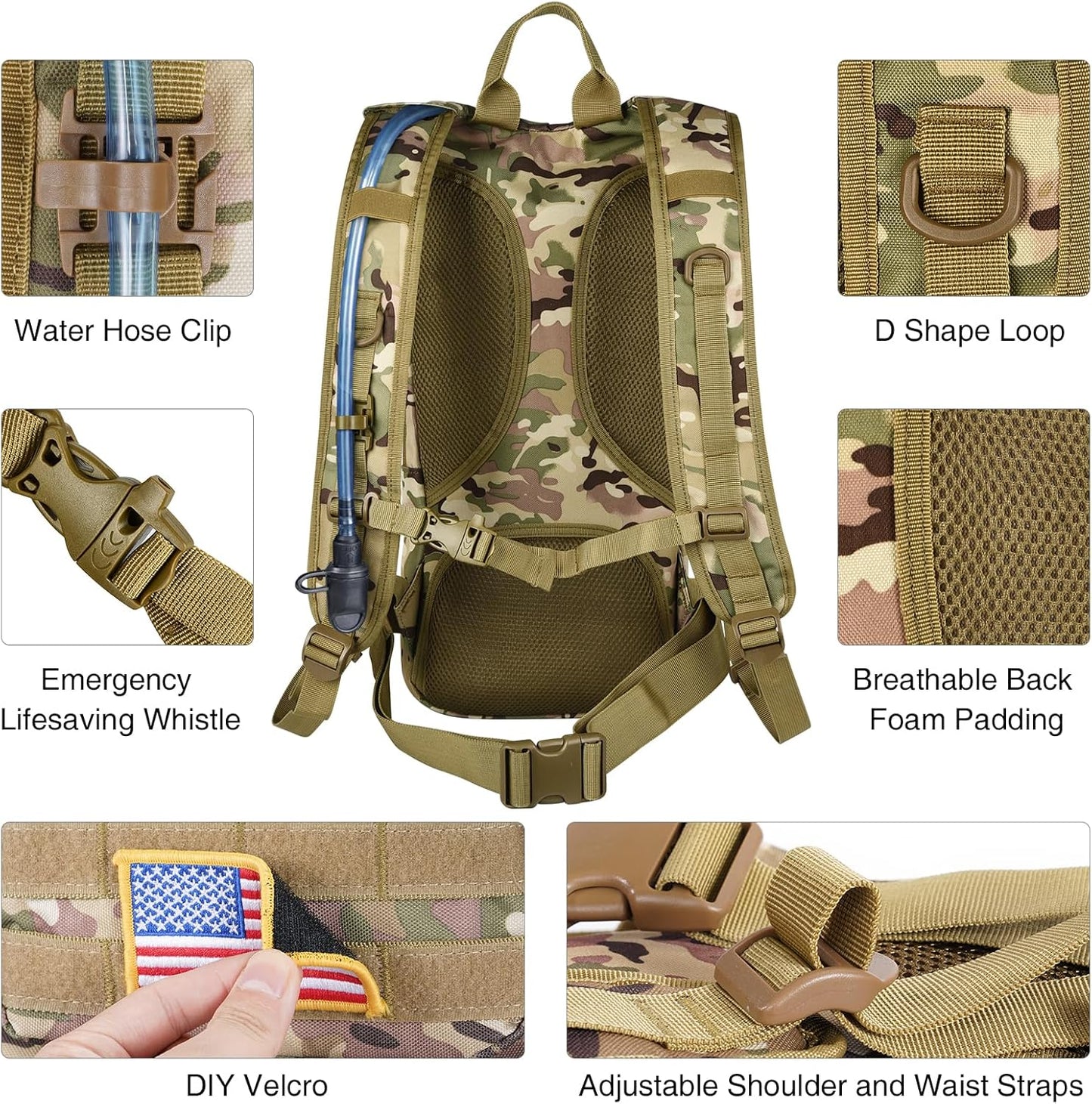 GENILU Tactical Hydration Backpack with 3L Water Bladder, Lightweight Molle Water Backpack Daypack for Men Women