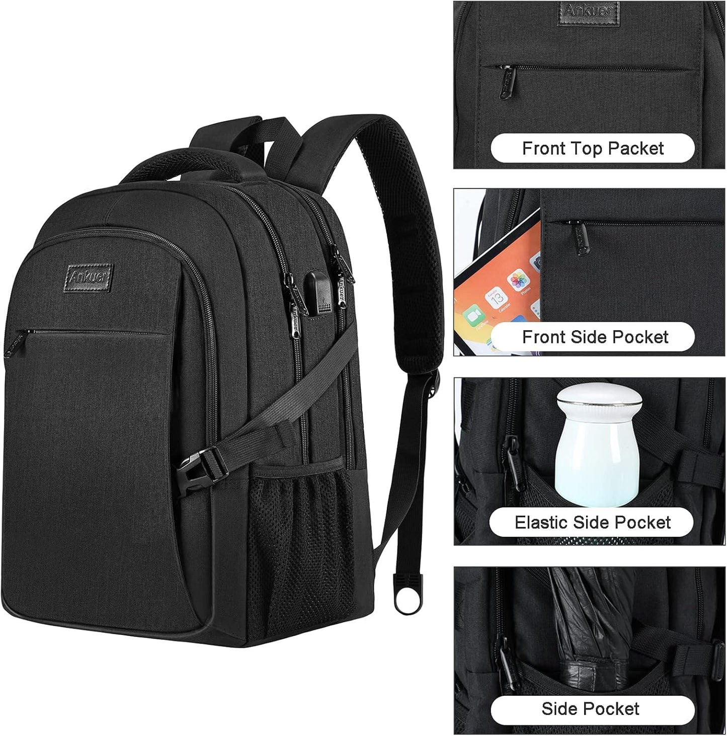 ANKUER Backpacks for Men Women, Backpack Fits Up 15.6 in Laptop Backpack for Travel, Backpacks with USB Charging Port, Work Business Backpack for School (Black)