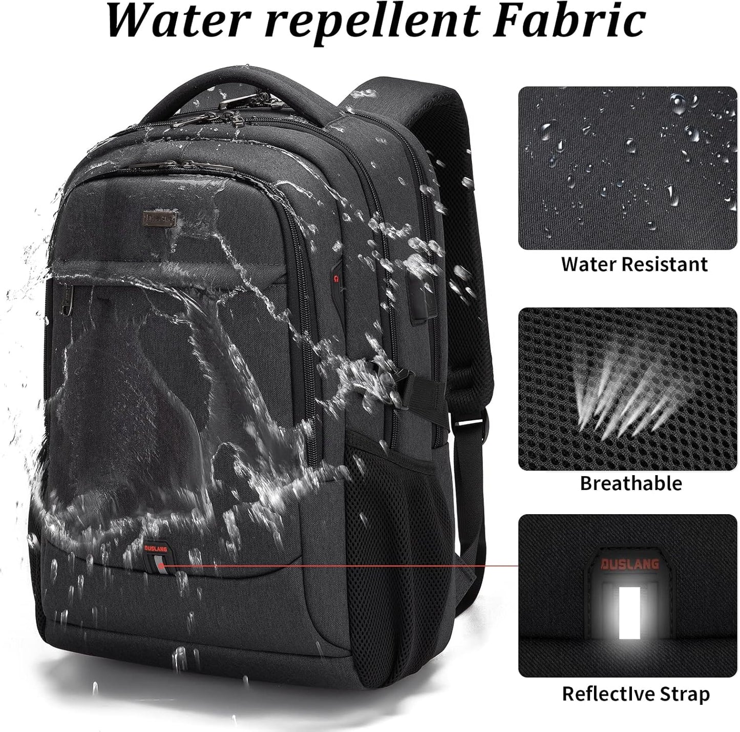 DUSLANG 17 Inch Laptop Backpack for Travel Water Resistant College Backpack for Men/Women Laptop Bag with USB Charging Port and clear Cosmetic Toiletry Bag, Black