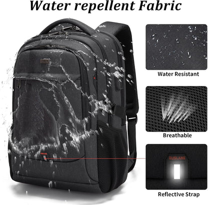 DUSLANG 17 Inch Laptop Backpack for Travel Water Resistant College Backpack for Men/Women Laptop Bag with USB Charging Port and clear Cosmetic Toiletry Bag, Black