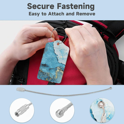 Set of 2 Luggage Tags for Suitcases, Leather Blue Fluid Marble Baggage Tags with Stainless Steel Loop, Privacy Name ID Card Cover Kawaii Travel Labels for Women Men Kids Girls