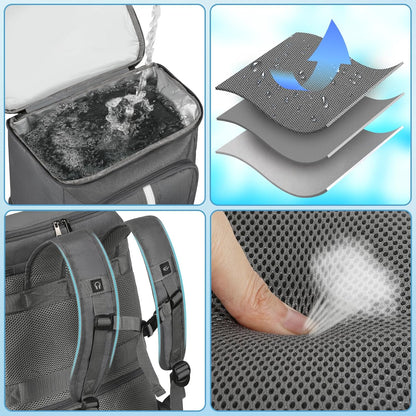 Backpack Cooler Insulated Leak Proof 35 Cans, 2 Insulated Compartments Thermal Bag, Portable Lightweight Beach Travel Camping Lunch Backpack for Men and Women, 30L, Reflective Stripes, Water-Resistant