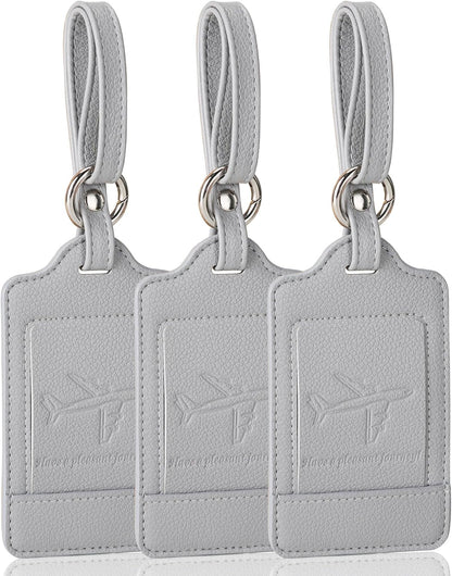 Teskyer Luggage Tags, 3 Pack Premium PU Leather Luggage Tags for Suitcases, Privacy Protection Travel Bag Tags, Lichee Gray
