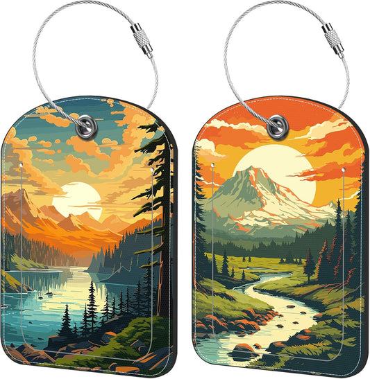 Vintage Mountain and Lake Luggage Tag for Suitcase Set of 2 PU Leather Cute Luggage Tags with Stainless Metal Loop ID Label Privacy Flap Suitcase Tags for Women and Men Travel