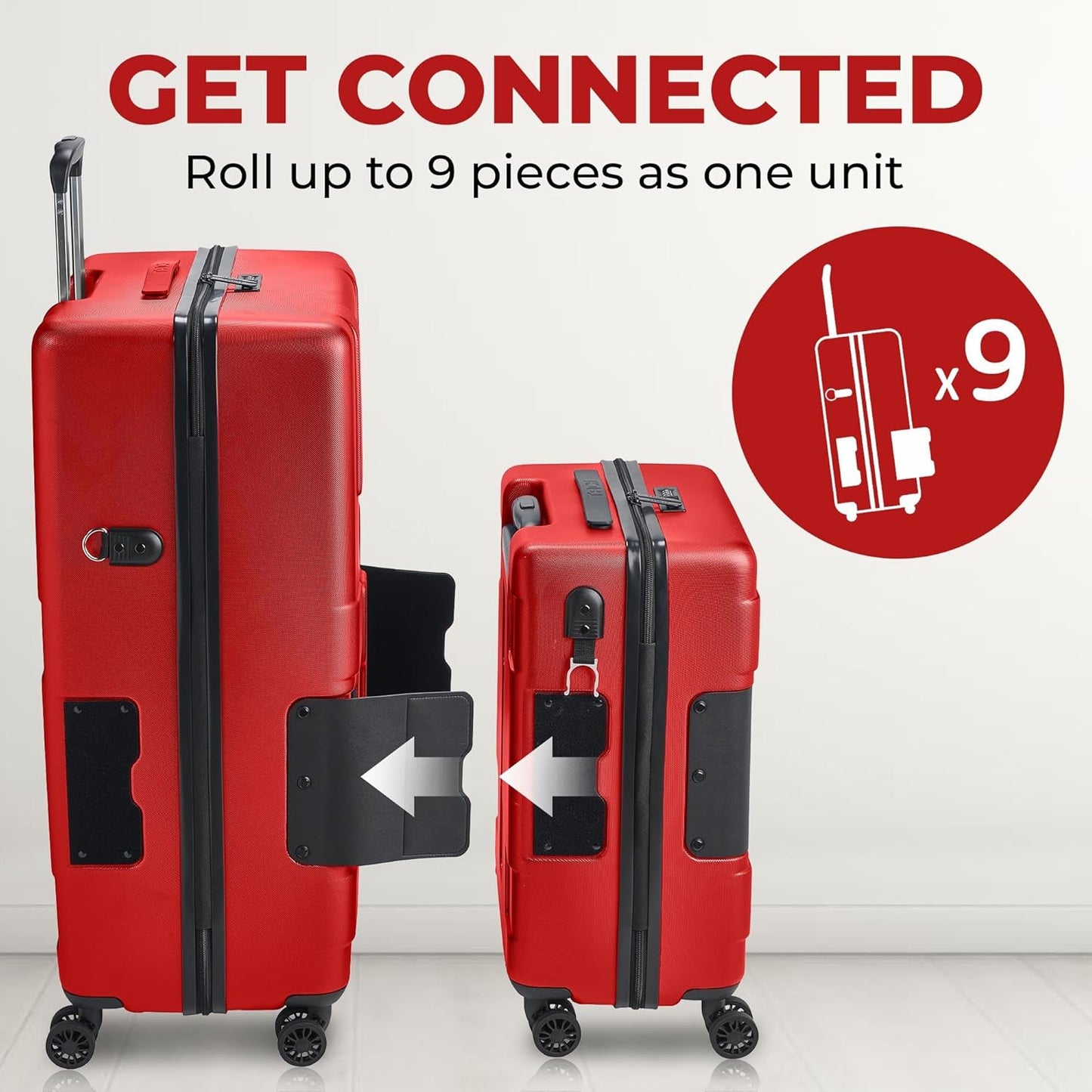 Tach V3.1 Hard Shell 2 Piece Luggage Set - 20 & 28 inch Luggage | Carry On & Large Checked Suitcases | Patented Built-In Connecting System | Rolling Suitcase Links 9 Bags (Wine Red)