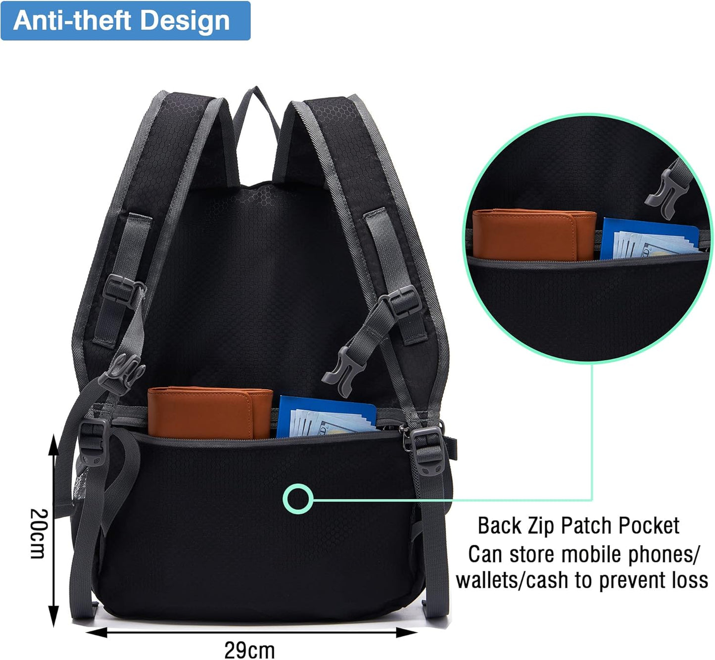 YZAOLL Small Lightweight Packable Hiking Backpack, 20L Hiking Backpack Day Pack for Women Men Travel Camping Vacation,Black