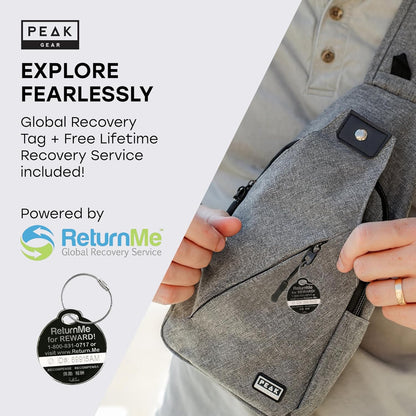 Peak Gear Travel Sling Bag. Compact Crossbody Bag | Lighter and Smaller than a Backpack | Lifetime Lost & Found ID Tag