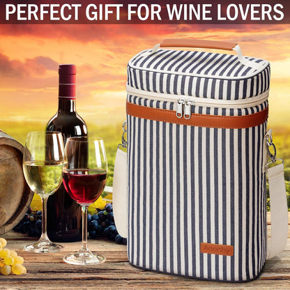 2 Bottle Wine Bag Wine Cooler Carrier Wine Gift Tote Bag, Leakproof & Insulated Bottle Bags for Travel, BYOB, Beach, Dinner, Party, Christmas Gifts for Wines Lovers Women Men - Navy Stripe