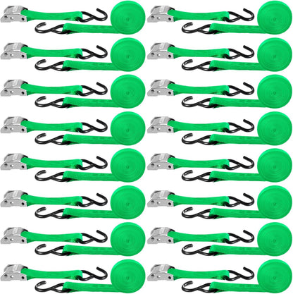 16 Pcs Cambuckle Tie Down Straps 1763lbs Break Strength Securing Straps 1'' x 15 ft Cambuckle Tie Downs with S Hook for Motorcycle, Kayak, Car, Truck, Boat Moving, Securing Cargo(Green)