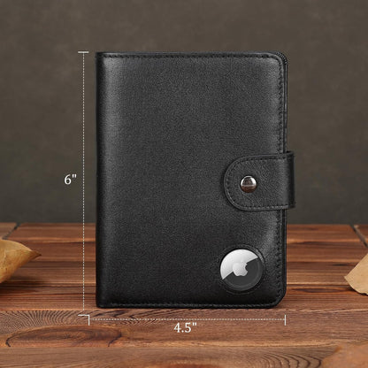 Polare Luxury RFID Blocking Leather Passport Holder Travel Wallet For Men and Women (Black with AirTag Slot(Snap Version))