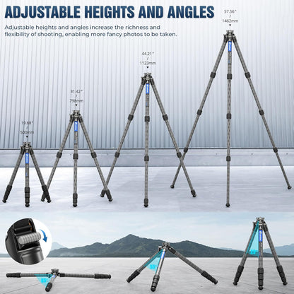 LEOFOTO LS-284CEXX Carbon Fiber Tripod with Leveling Base for Camera, 360° Portable Tripod with 3/8" Screw for Sport Camera/Phone Holder/Projector, A Bubble Level, Folded Length 21.06", Max Load 22LB