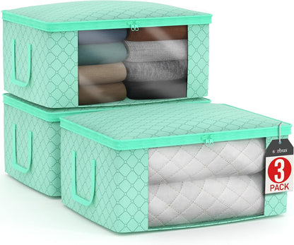 Sorbus Foldable Storage Bag Organizers, Large Clear Window & Carry Handles, Great for Clothes, Blankets, Closets, Bedrooms, and more (3-Pack, Teal)