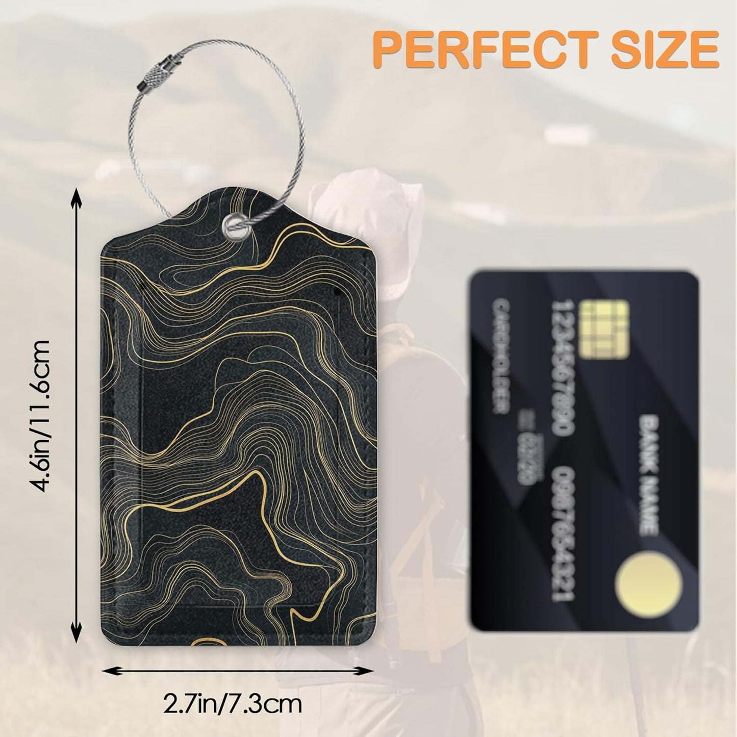 Abstract Line Art 3 Pack PU Leahter Luggage Tag with Stainless Steel Loop, Monochrome Marble Travel Suitcase Labels with Privacy Cover ID Label Quickly Spot for Bags