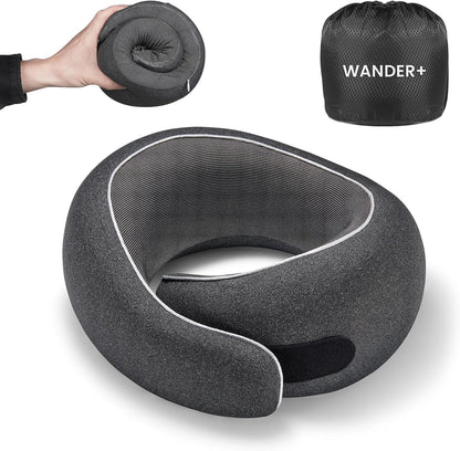 WANDER PLUS® Travel Pillow, 100% Pure Memory Foam Travel Neck Pillow Airplane Neck Support Ergonomic Design Best for Sleeping Plane Car Train Office Flight for Adults Black