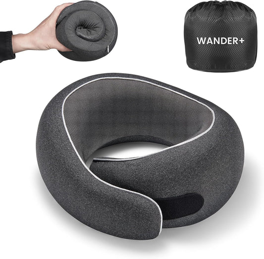 WANDER PLUS® Travel Pillow, 100% Pure Memory Foam Travel Neck Pillow Airplane Neck Support Ergonomic Design Best for Sleeping Plane Car Train Office Flight for Adults Black