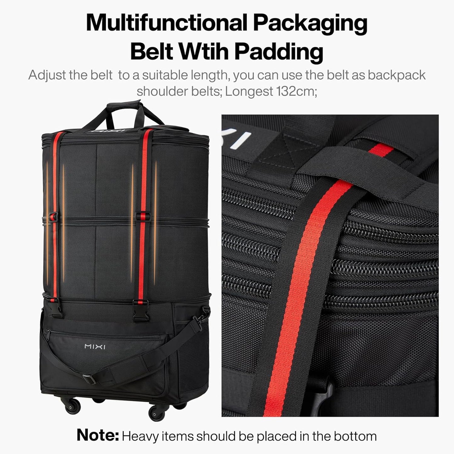 mixi Travel Bag with Wheels Expandable Foldable Luggage Bag Collapsible Rolling Travel Bag Duffel Bag Large Capacity Suitcase for Men Women, Black