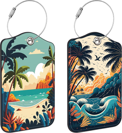 Tropical Beach at Sunset Luggage Tags for Suitcases Leather Travel Tags for Luggage ID Label with Privacy Cover and Stainless Steel Loop for Men Women Suitcase Backpack, Set of 2