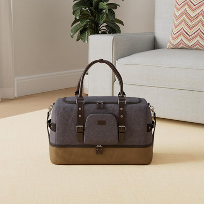 Nerlion Weekender Bag with Shoe Compartment Large Overnight Bag for Men Canvas Genuine Leather Carry on Luggage Bag Travel Duffel Bag(Gray)