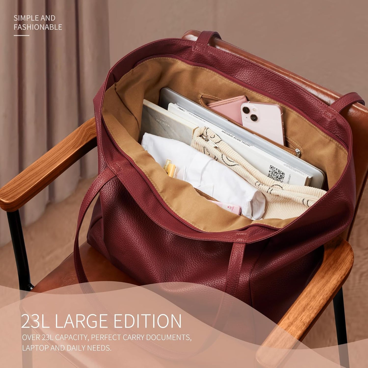 KALIDI Large Tote Bag Vegan Leather Casual Zipper Work Bag Weekender Hobo for Women 23L Oversize Shoulder Travel Purse