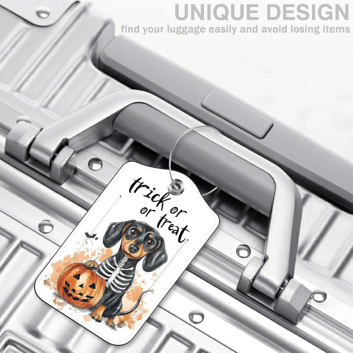 Halloween Funny Dachshund Dog and Pumpkin Set of 2 Luggage Tags for Suitcases Leather Suitcase Tags with Privacy Name Address Label and Stainless Steel Loop for Women Men Travel Luggage Accessories