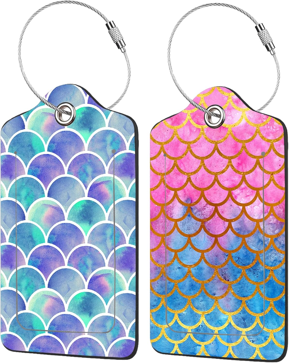 2 Pack Mermaid Scales Luggage Tags for Suitcases,Watercolor Fish Scales Leather Baggage Suitcases Tag Name ID Label Privacy Cover Travel Bag Tags for Women Men Boys Girls