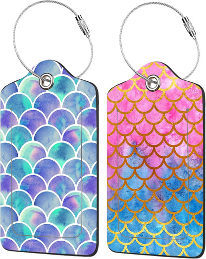 2 Pack Mermaid Scales Luggage Tags for Suitcases,Watercolor Fish Scales Leather Baggage Suitcases Tag Name ID Label Privacy Cover Travel Bag Tags for Women Men Boys Girls