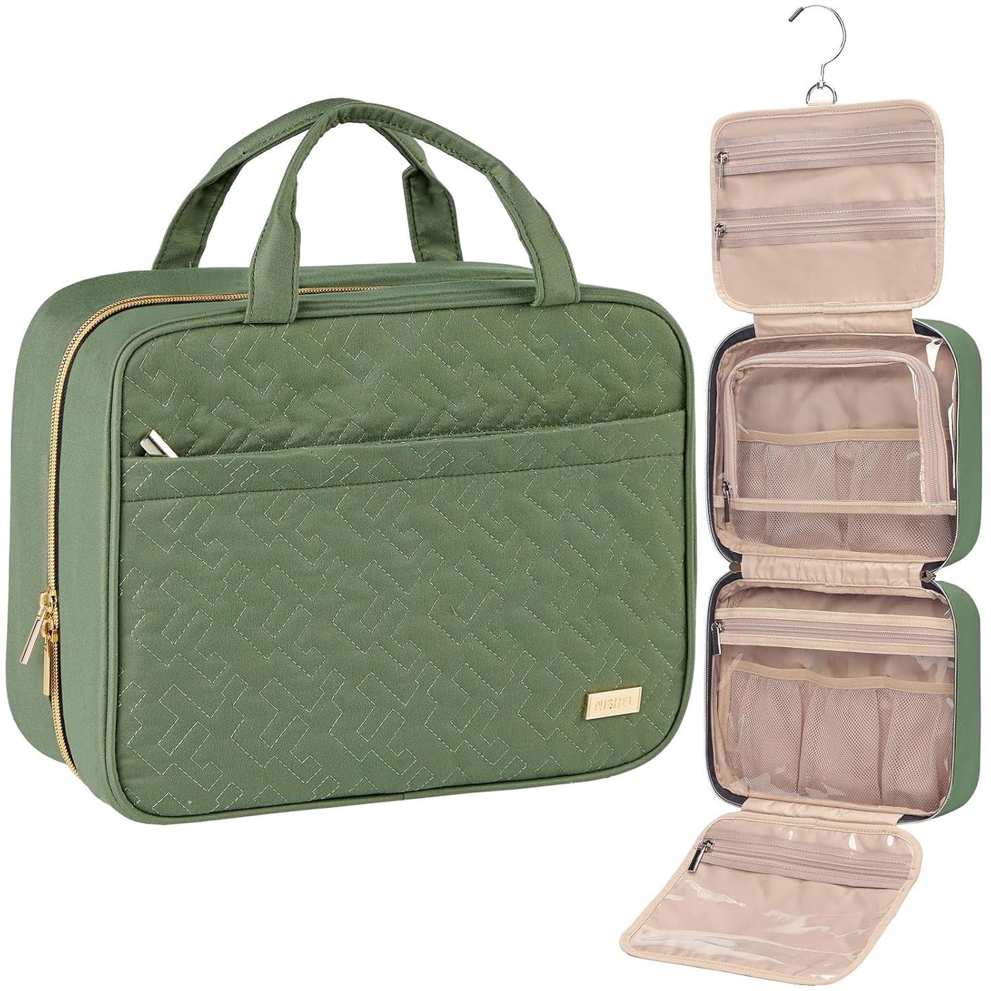 NISHEL Large Double Layer Travel Makeup Bag Women, Cosmetic Case, Organizer for Travel-Size Accessories Bottles, Brushes, Conditioner, and Skin Care Products, Bronze Green