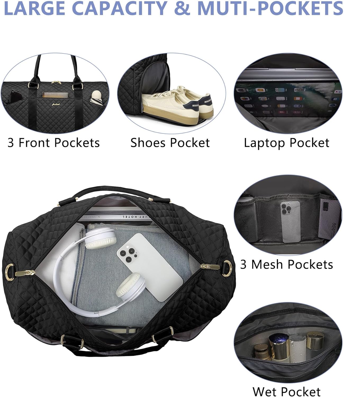 Weekender Travel Duffle Bag for Women - Carry on Bag with Shoe Compartment Overnight Bags with Wet Pocket Toiletry Bags Weekend Yoga Gym Traveling Hospital Bags for Labor and Delivery Black