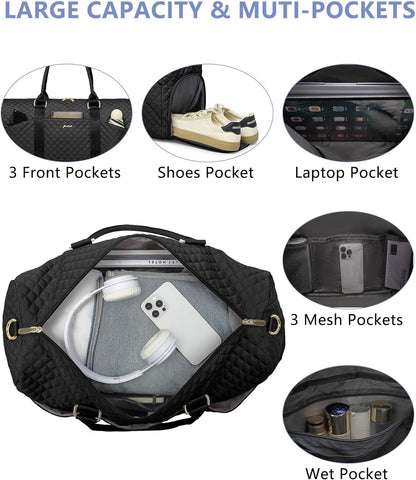 Weekender Travel Duffle Bag for Women - Carry on Bag with Shoe Compartment Overnight Bags with Wet Pocket Toiletry Bags Weekend Yoga Gym Traveling Hospital Bags for Labor and Delivery Black