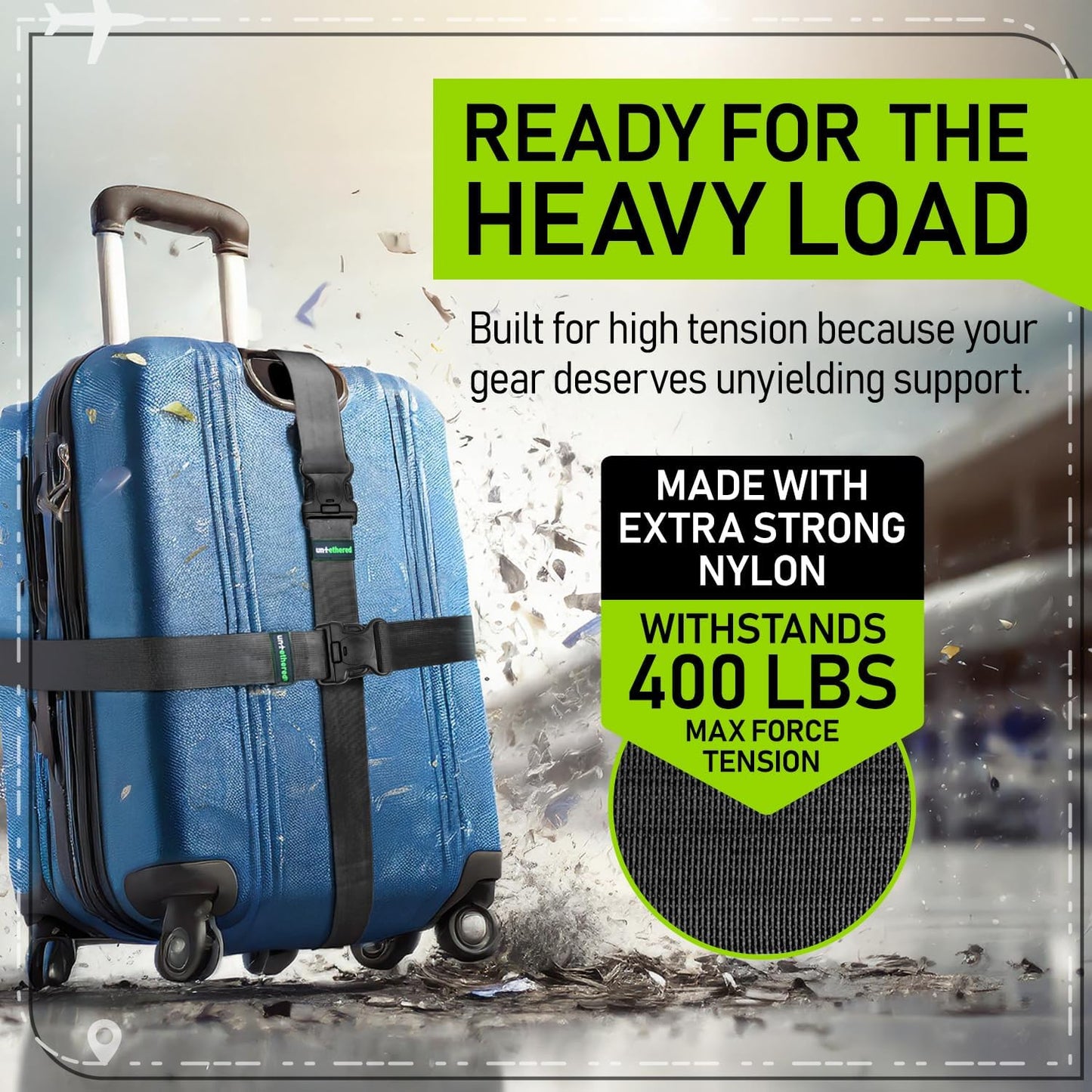Untethered Ultimate Travel Set: 4 Premium Luggage Straps and 4 Silicone Tags - Secure & Identify Your Bags with Ease (Black + Tags)