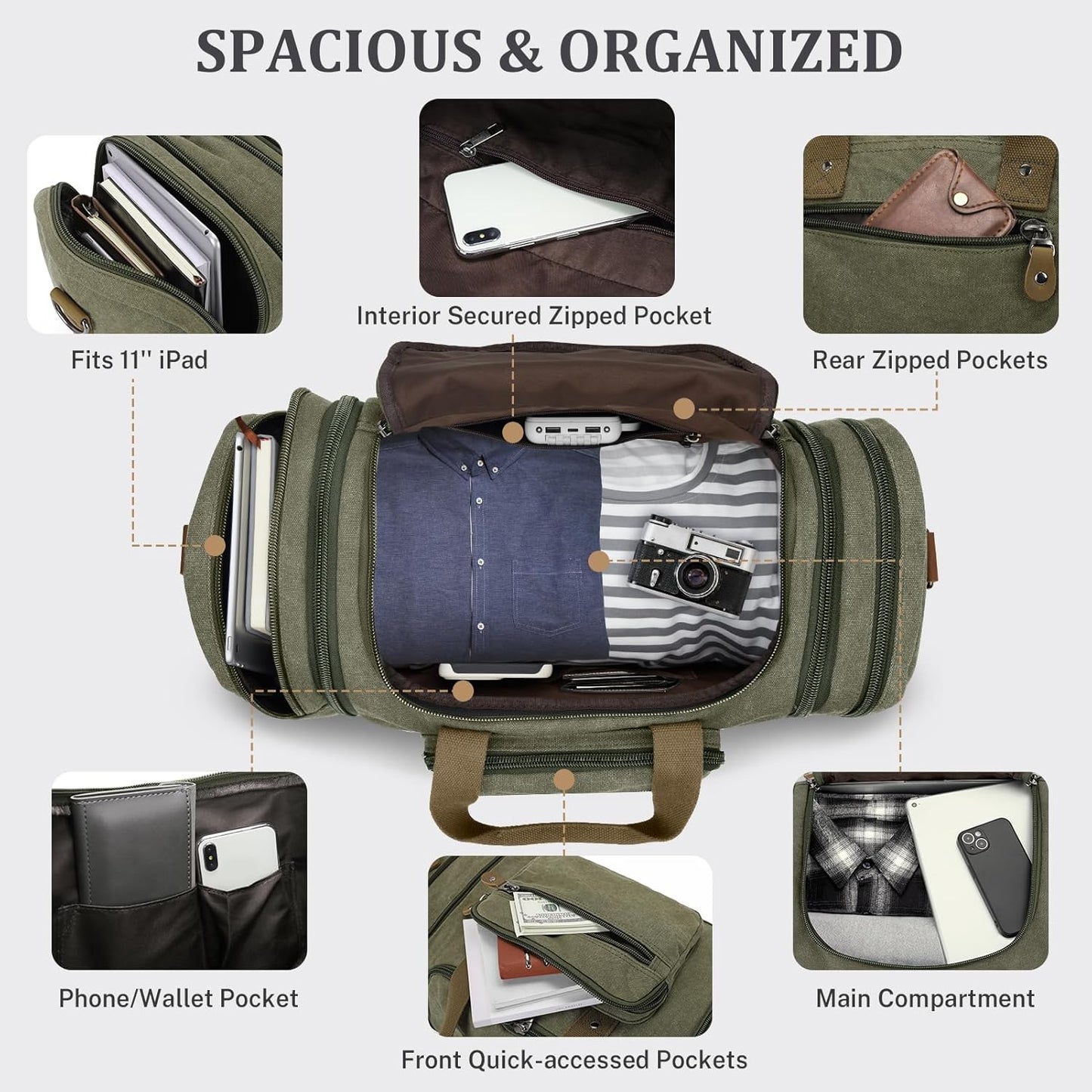 Gonex Canvas Duffle Bag for Travel 50L Duffel Overnight Weekender Bag (Army Green)