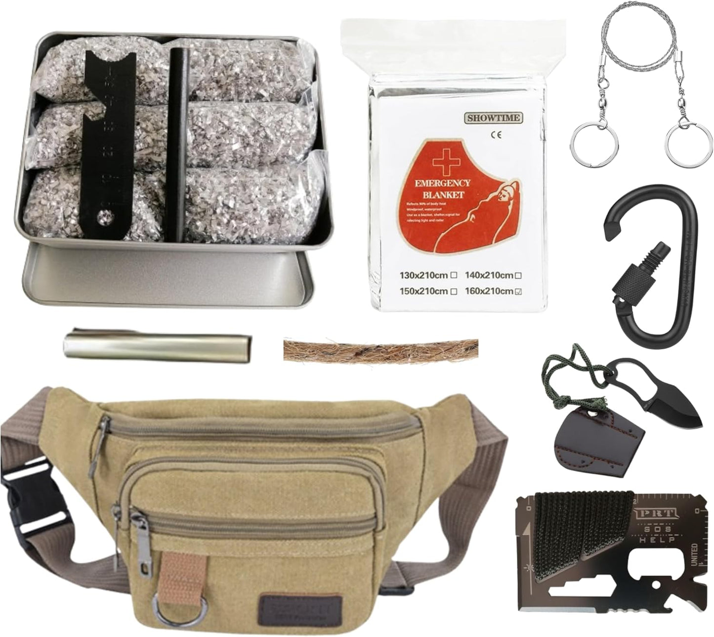 Survival Fire Starter Kit – Magnesium Shavings, Ferro Rod, Wax Rope, Emergency Blanket, Wire Saw & Waist Bag for Camping, Hiking & Outdoor Adventures