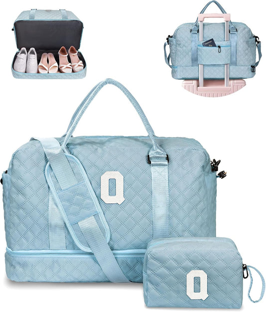 Personalized Gifts-Initial Overnight Bag with Shoe Compartment, Personalized Weekender Bag, Monogram Overnight Bag, Letter Travel Bag with Makeup Bag，Birthday Gift For Women Girl (Letter Q)