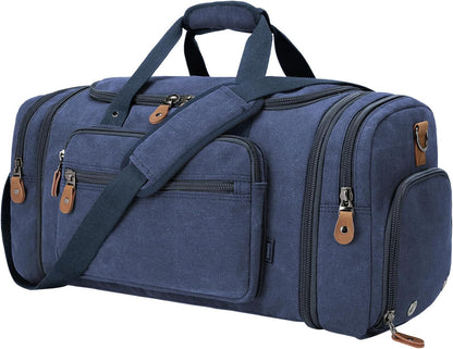 Gonex Canvas Duffle Bag 60L Travel Duffel Overnight Weekend Bag with Shoe Compartment (Blue)