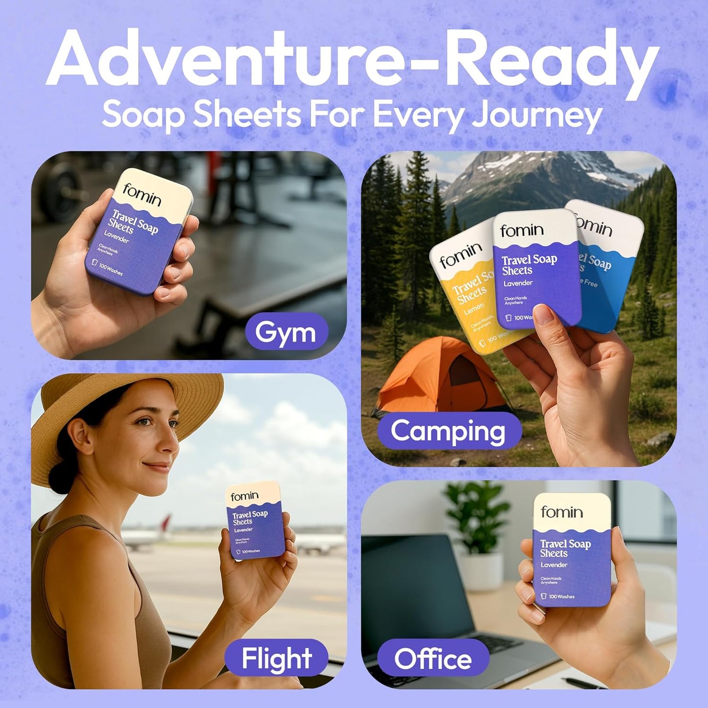 FOMIN - Antibacterial Paper Soap Sheets Tin for Traveling - (300 Sheets) Variety Pack (Unscented, Lemon, Lavender) Portable Travel Hand Soap Sheets, Dissolvable Mini Camping Hand Soap for Hand Washing