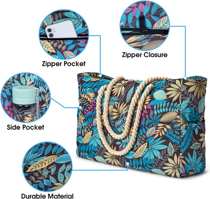 Becokan Beach Bags for Women Large Waterproof Beach Tote Bag Zipper Beach Bags Waterproof Sandproof Swim Pool Bag Large Tote