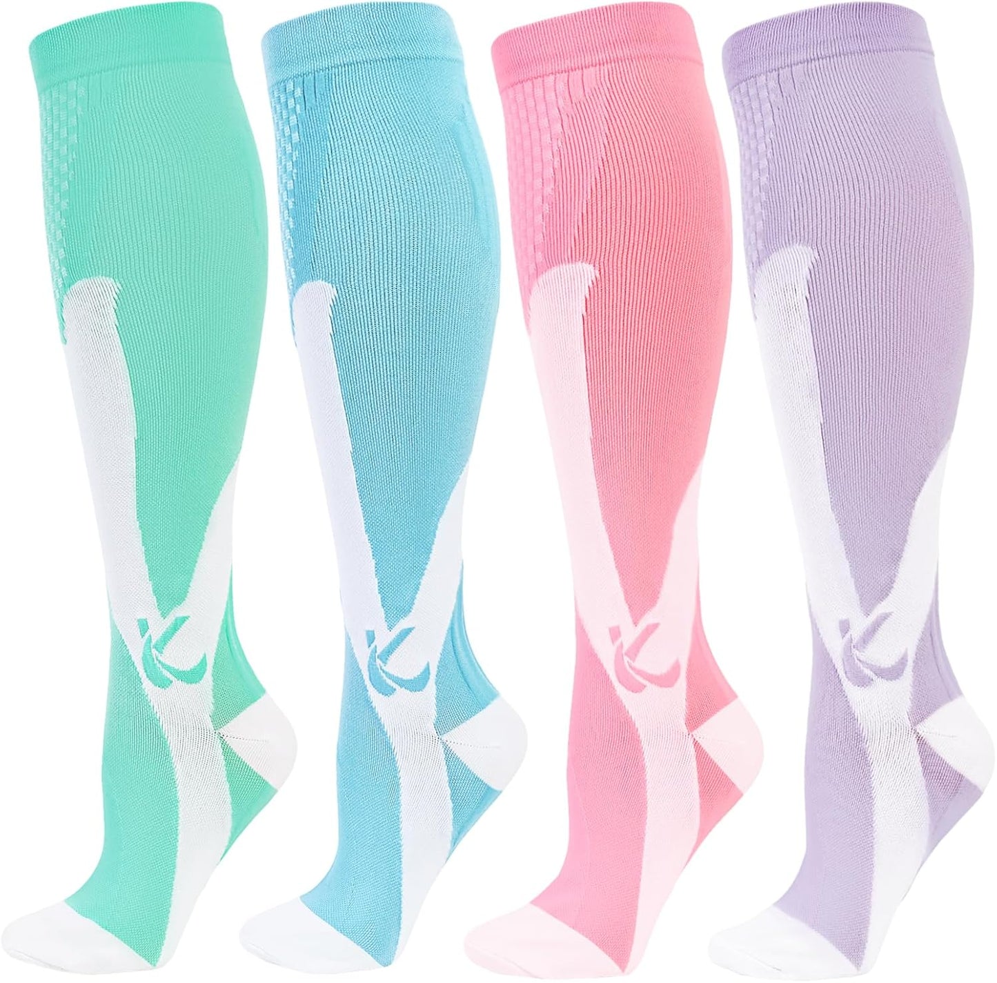 Kickticks 4 Pairs Compression Socks for Woman & Man Unisex 20-30mmHg Knee high Plus Size Wide Calves for Flying Running…