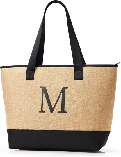 KALIDI Woven Tote Bag for Women, Lightweigh Monogram Beach Bag with Zipper & Sand-Proof Canvas Base, Personalized Gift