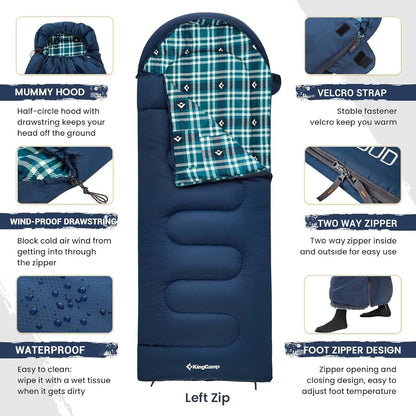 KingCamp Sleeping Bag for Adults, Cold Weather & Warm XL Big and Tall Flannel Sleeping Bags with Compression Sack Portable Waterproof Essentials Gear Accessories for Outdoor Camping