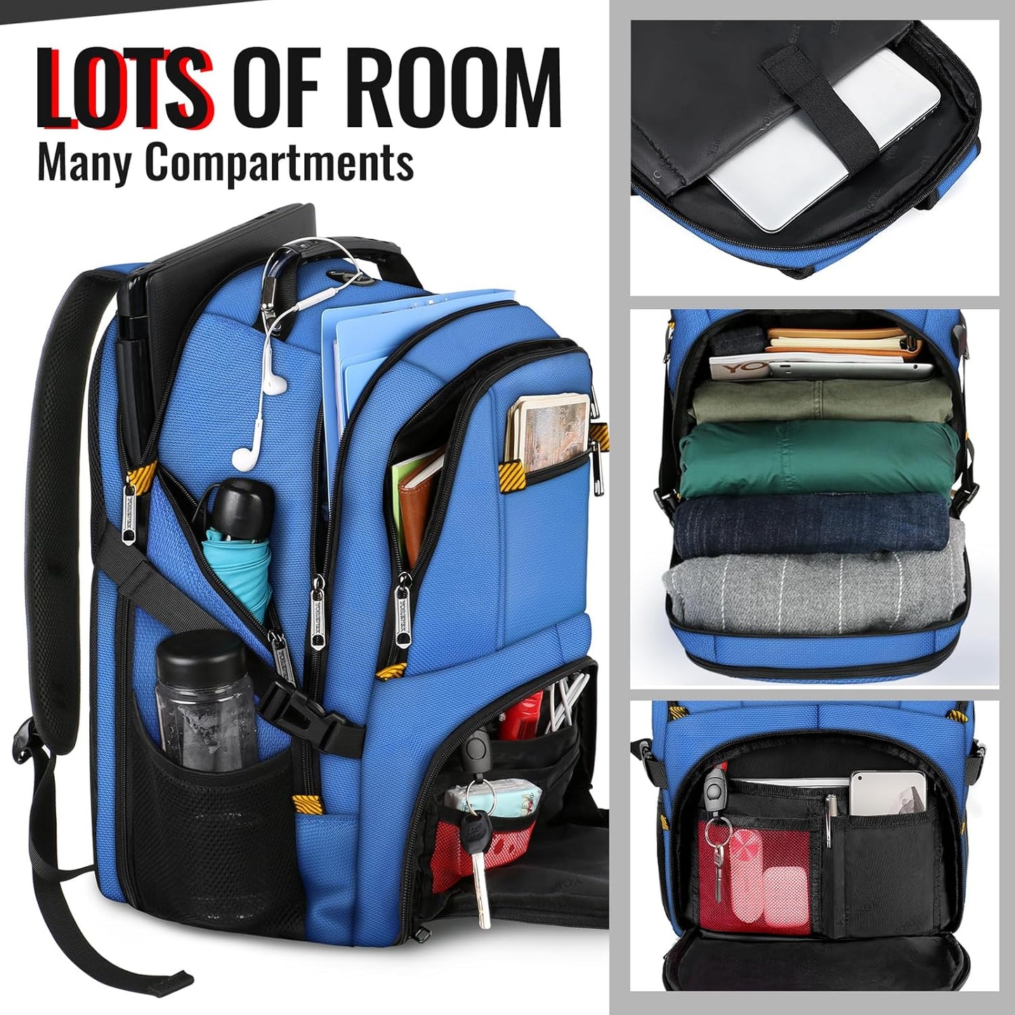 YOREPEK Travel Backpack, Extra Large 50L Laptop Backpacks for Men Women, Water Resistant College Backpack Airline Approved Business Work Bag with USB Charging Port Fits 17 Inch Computers, Cobalt Blue