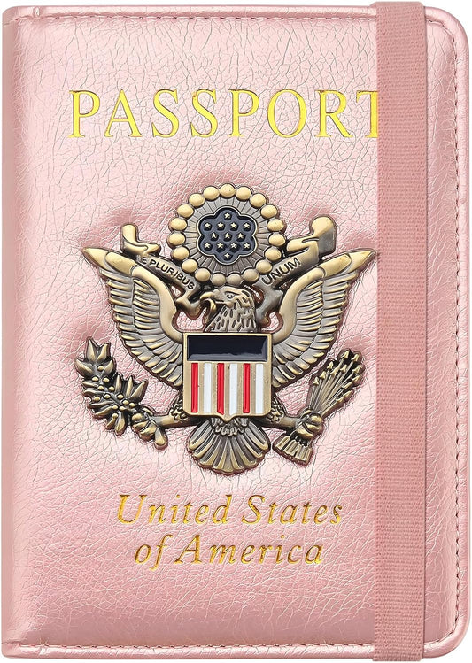 Passport Holder for Travel Passport Cover for Men Passport Wallet Case with Metal Badge Protector Leather Card Case RFID Blocking Women Travel Accessories Document Organizer (Rose Gold)