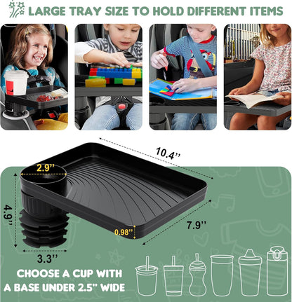 2 Pack Upgraded Car Seat Tray for Kids Car Seat Tray with Expandable Base for Snacks, Toys, Books, Entertainment Kids Travel Essentials Fits 2.8''-3.2'' Cup Holders (2, Standard Base)