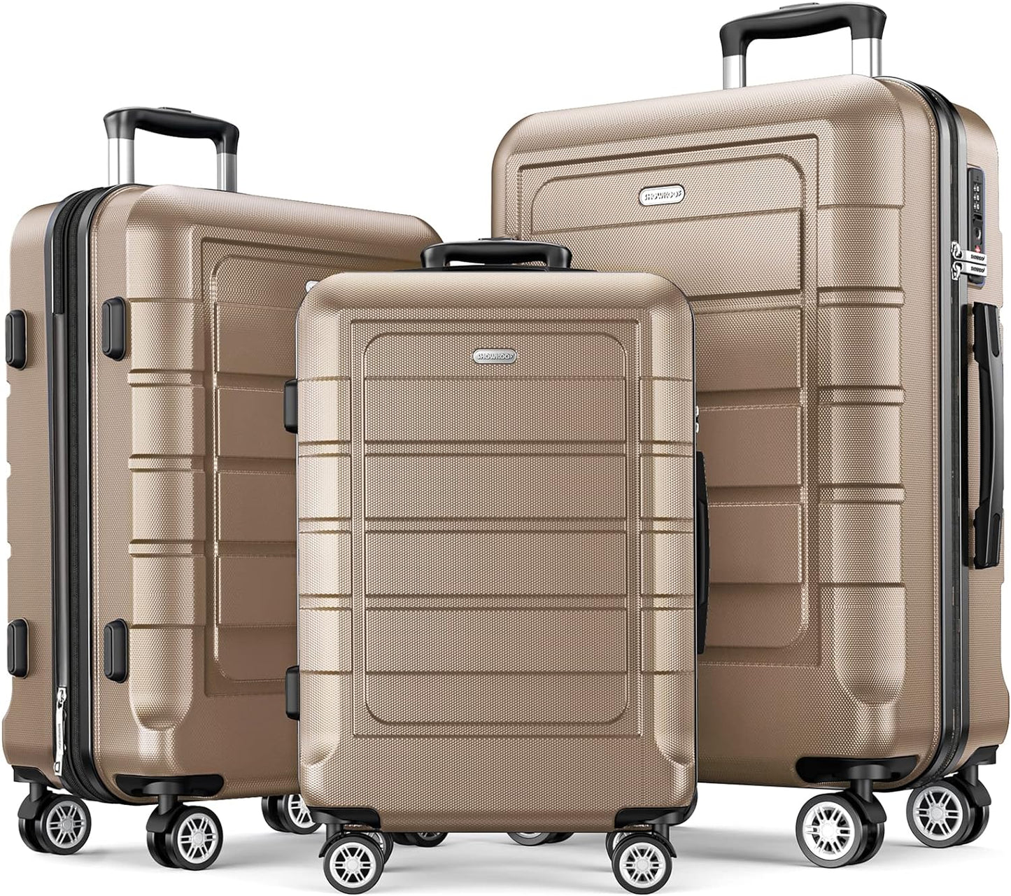 SHOWKOO Luggage Sets Expandable PC+ABS Durable Suitcase Double Wheels TSA Lock 3pcs, Champagne