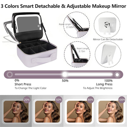 MOMIRA Travel Makeup Bag Cosmetic Bag Makeup Organizer Bag with Lighted Mirror, Adjustable Brightness in 3 Color Scenarios, Waterproof Makeup Train Case, Gift for Women - Violet grey