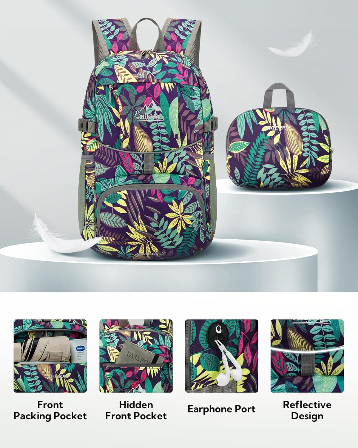 WATERFLY Hiking Foldable Daypack Backpack: 25L Ultra Lightweight Packable Waterproof Outdoor Travel Day Pack for Woman Man