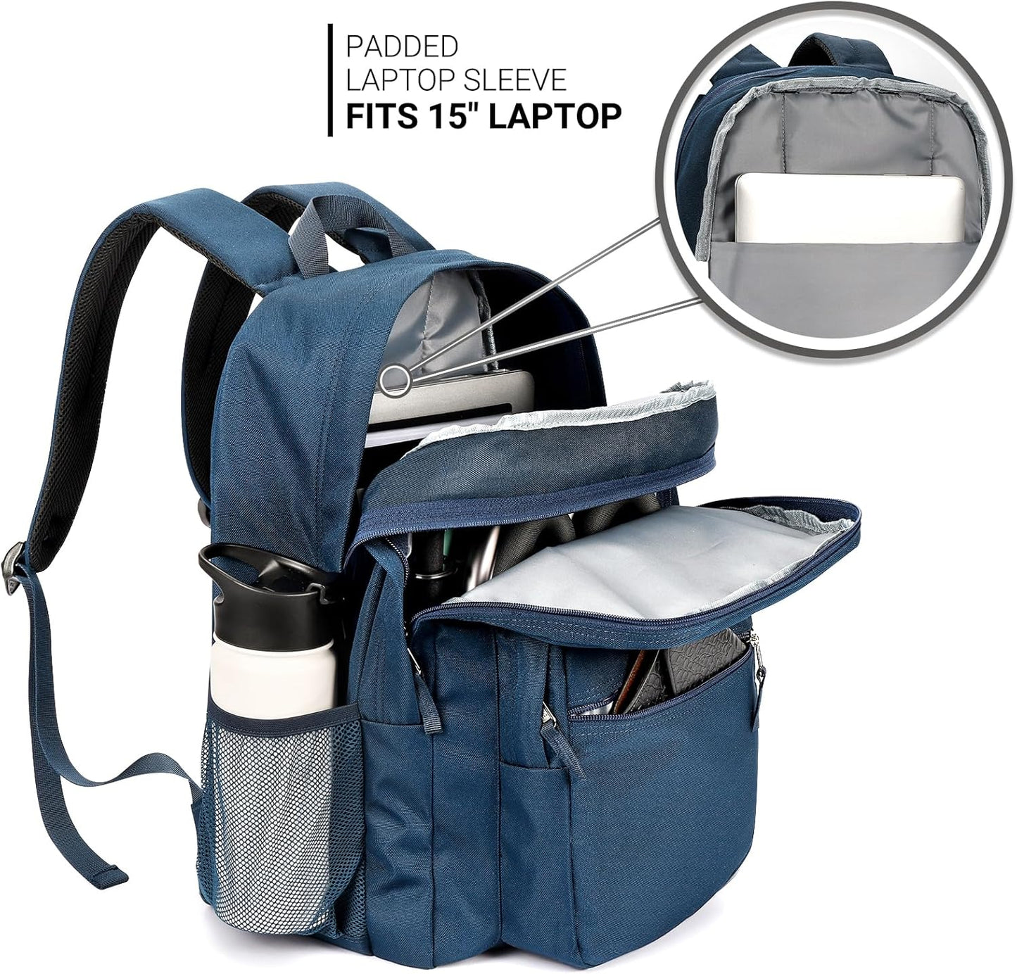 ZORFIN 26L Backpack for College, and Travel: Water Resistant Bookbag - Navy Blue